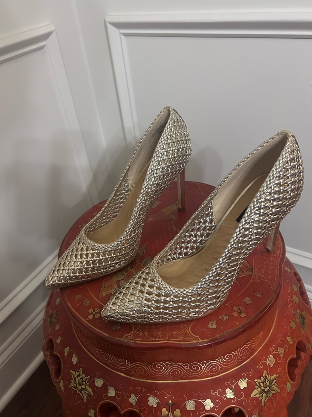 Nine West ‘Tatiana’ Metallic Woven Silver Pointed-Toe Stiletto Heels